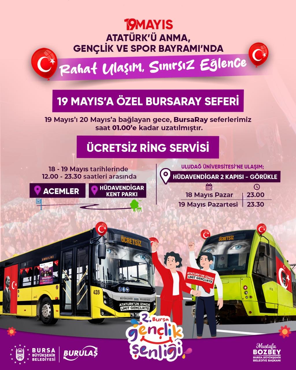 Bursa’da 19 Mayıs Pazartesi Günü Ulaşım Ücretsiz
